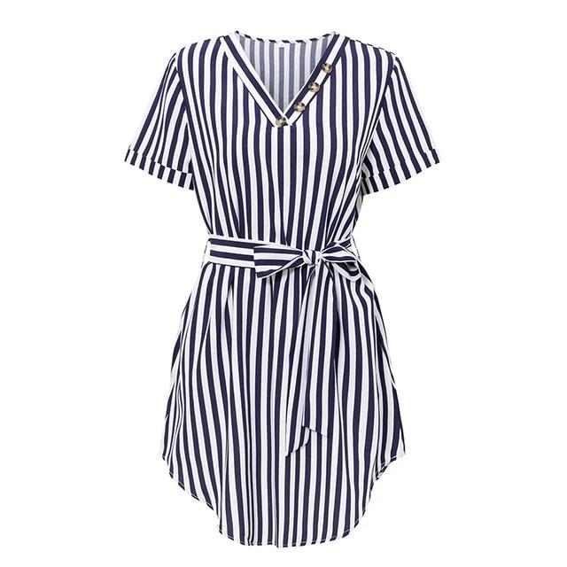 Elegant Striped High Waist V-neck Buttons Belt Office Dress-women-wanahavit-Navy Blue-S-wanahavit
