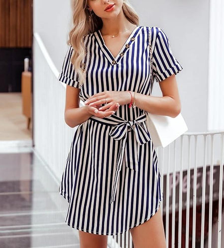 Elegant Striped High Waist V-neck Buttons Belt Office Dress-women-wanahavit-Navy Blue-S-wanahavit