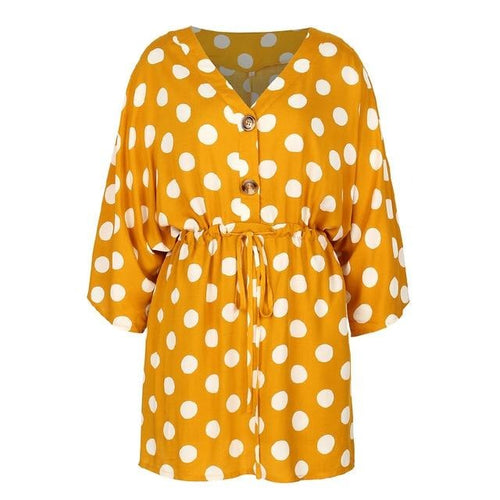 Load image into Gallery viewer, Elegant V-neck Dot Print Casual Half Sleeve Ruffle Short Mini Dress-women-wanahavit-Yellow-XL-wanahavit
