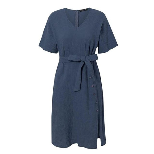 Load image into Gallery viewer, Elegant V-neck Streetwear Strap Buttons Cotton Summer Office Dress-women-wanahavit-Navy Blue-S-wanahavit
