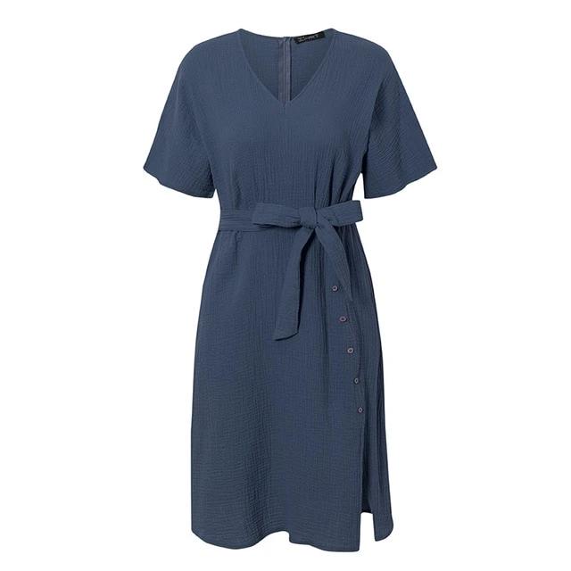 Elegant V-neck Streetwear Strap Buttons Cotton Summer Office Dress-women-wanahavit-Navy Blue-S-wanahavit
