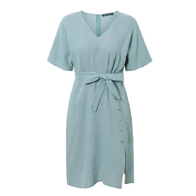 Elegant V-neck Streetwear Strap Buttons Cotton Summer Office Dress-women-wanahavit-Green-S-wanahavit