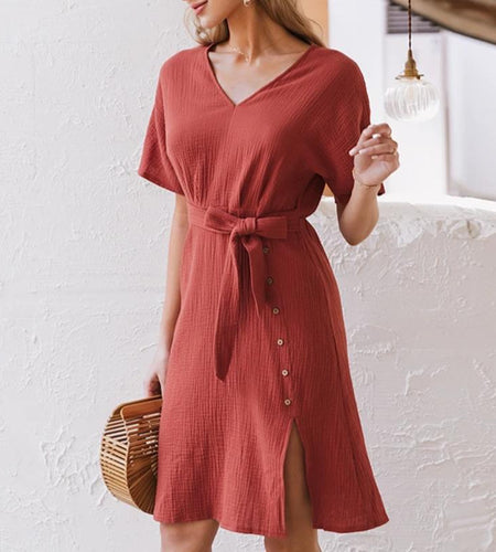Elegant V-neck Streetwear Strap Buttons Cotton Summer Office Dress-women-wanahavit-Orange-S-wanahavit