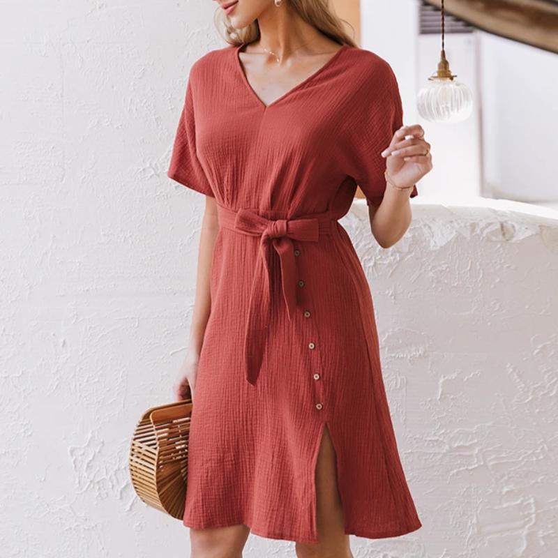 Elegant V-neck Streetwear Strap Buttons Cotton Summer Office Dress-women-wanahavit-Orange-S-wanahavit