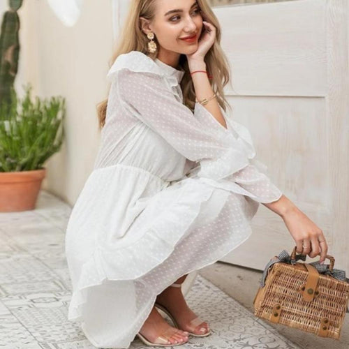 Load image into Gallery viewer, Elegant White Soft Long Sleeve Ruffled Boho Chiffon Dress-women-wanahavit-White-S-wanahavit
