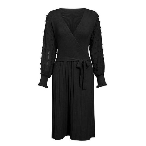 Load image into Gallery viewer, Elegant Knitted Sexy V-neck Long Sleeve Pleated Belted Sweater Slim Party Dress
