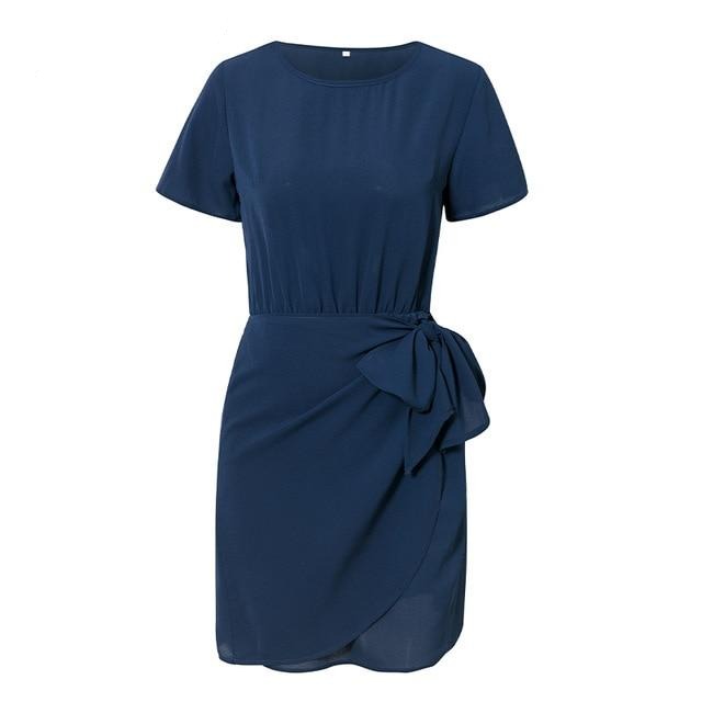 Elegant Office Solid O-neck Short Sleeve Wrap Bow Party Chic Ruffled Bodycon Mini Dress-women-wanahavit-Navy Blue-XL-wanahavit