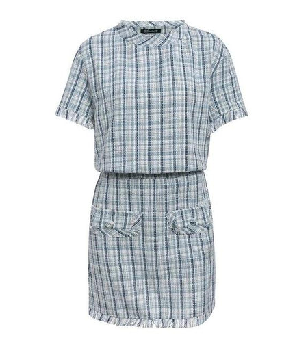 Elegant Plaid Two Pieces O-Neck Short Sleeve Mini Office Dress-women-wanahavit-Sky blue-L-wanahavit
