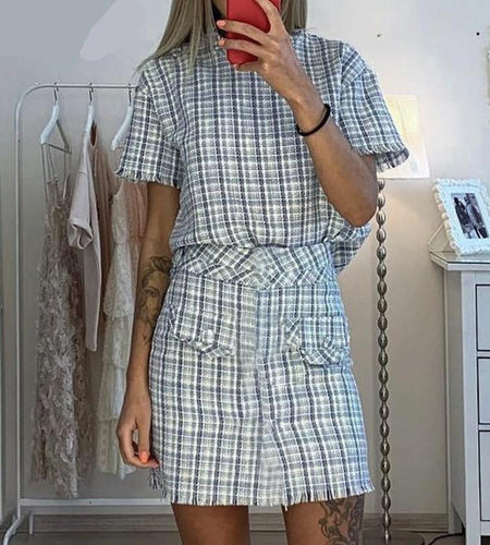 Elegant Plaid Two Pieces O-Neck Short Sleeve Mini Office Dress-women-wanahavit-Sky blue-L-wanahavit
