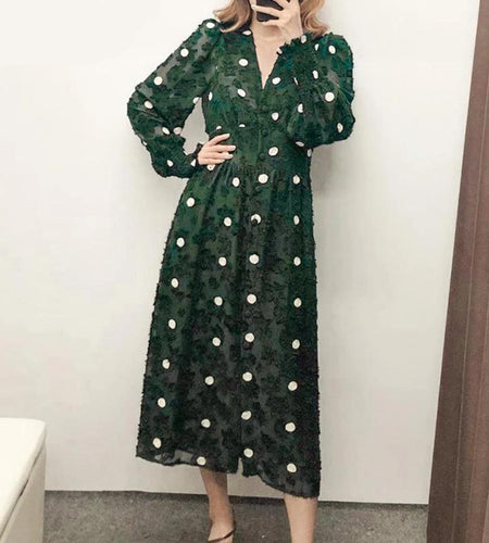Elegant Polka Dot High Waist Puff Sleeve Boho Retro Dress-women-wanahavit-dark green-XS-wanahavit