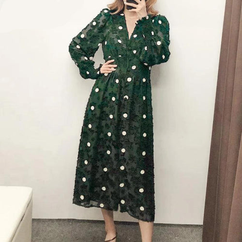 Load image into Gallery viewer, Elegant Polka Dot High Waist Puff Sleeve Boho Retro Dress-women-wanahavit-dark green-XS-wanahavit
