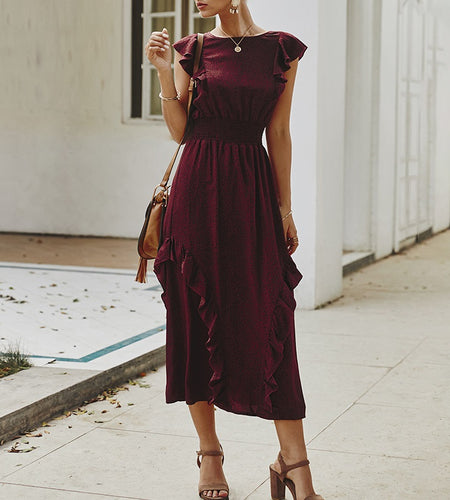 Elegant Ruffle Sleeveless Dot Print Office Elastic Waist Maxi Dress-women-wanahavit-Burgundy-S-wanahavit