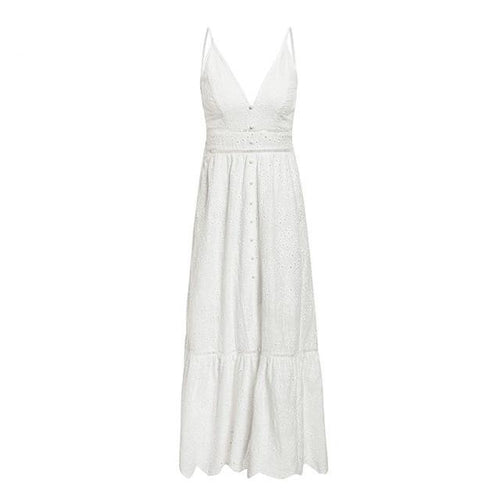 Load image into Gallery viewer, Embroidery Sexy Summer V-neck Spaghetti Strap Pearl Buttons Cotton Evening Party Long Dress
