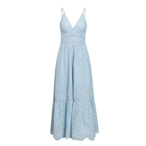 Load image into Gallery viewer, Embroidery Sexy Summer V-neck Spaghetti Strap Pearl Buttons Cotton Evening Party Long Dress
