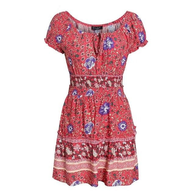 Floral Print 2 Pieces Summer Elegant Ruffle Off Shoulder Short Vintage Lace Up Beach Mini Dress
