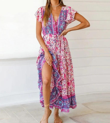 Floral Printed Ruffled Sleeve V-Neck High Waist Bodycon Boho Dress-women-wanahavit-Purple-S-wanahavit