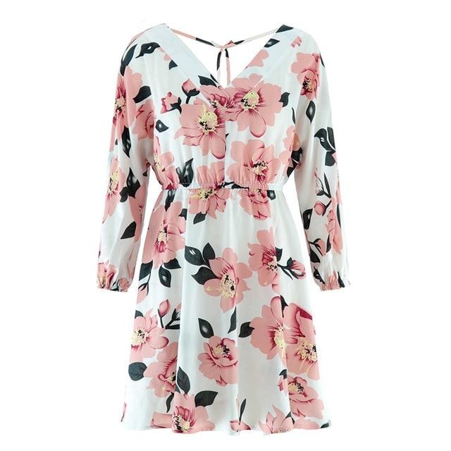 Floral Print Casual Long Sleeve V-neck Holiday Summer Boho A-line Beach Wear Midi Dress