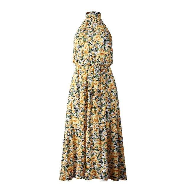 Floral Print Plus Size Sleeveless Belt High Waist Boho Maxi Dress-women-wanahavit-Yellow-S-wanahavit