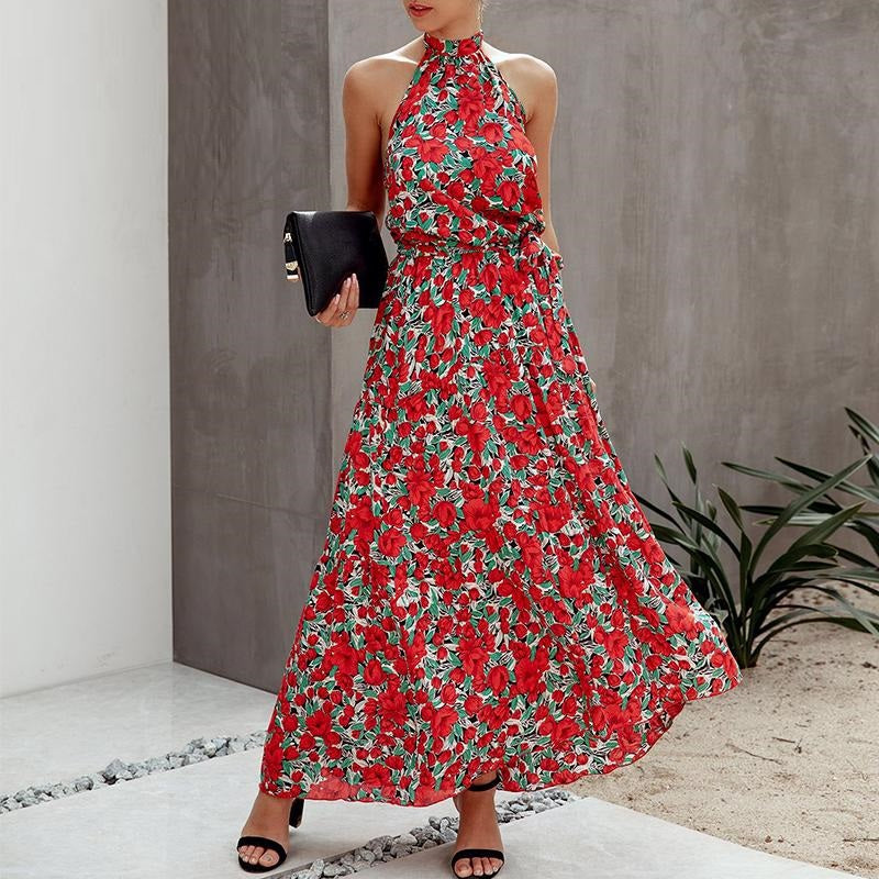Floral Print Plus Size Sleeveless Belt High Waist Boho Maxi Dress-women-wanahavit-Red-S-wanahavit