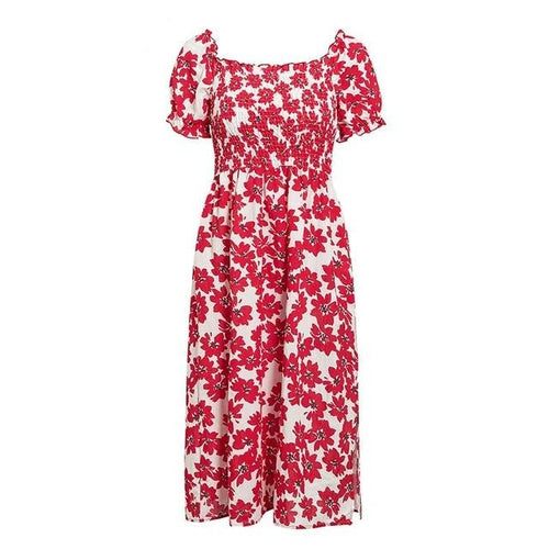 Load image into Gallery viewer, Flower Spring Puff Sleeve High Waist Ruffled A-line Midi Boho Dress-women-wanahavit-Red-S-wanahavit
