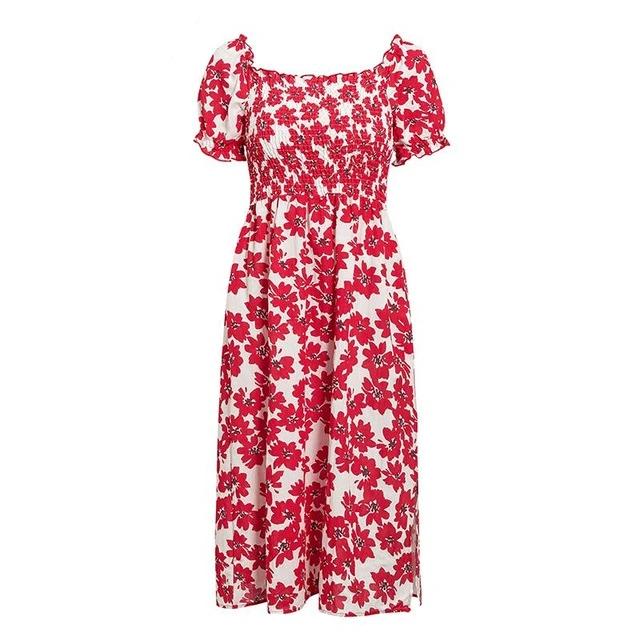 Flower Spring Puff Sleeve High Waist Ruffled A-line Midi Boho Dress-women-wanahavit-Red-S-wanahavit