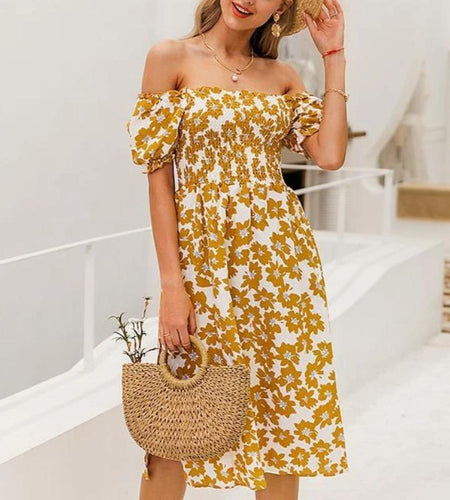 Flower Spring Puff Sleeve High Waist Ruffled A-line Midi Boho Dress-women-wanahavit-Yellow-S-wanahavit