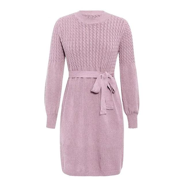 High Waist Elegant Soft Belt A-line Knitted Sweater Dress-women-wanahavit-Pink-One Size-wanahavit