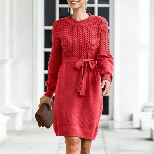 Load image into Gallery viewer, High Waist Elegant Soft Belt A-line Knitted Sweater Dress-women-wanahavit-Pink-One Size-wanahavit
