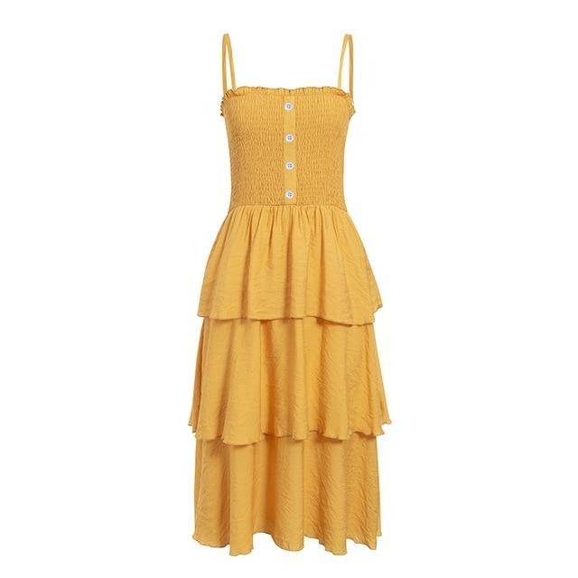 Holiday Sleeveless Summer Ruched High Waist Buttons Ruffled Sundress Casual Solid Beach Dress-women-wanahavit-Yellow-S-wanahavit