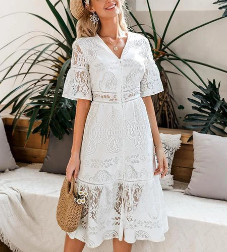 Hollow Out Lace V-Neck High Waist Ruffled Summer Slim Fit Boho Dress-women-wanahavit-White-S-wanahavit