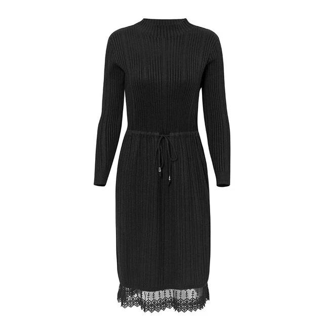 Casual Solid Slim Fit Knitted Dress Streetwear Striped Drawstring Lace Sweater Dress-women-wanahavit-Black-One Size-wanahavit