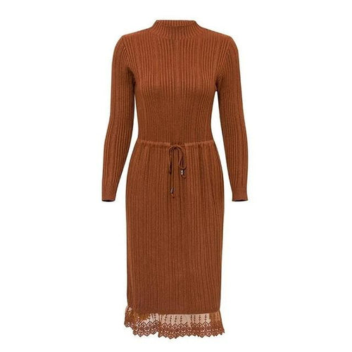 Load image into Gallery viewer, Casual Solid Slim Fit Knitted Dress Streetwear Striped Drawstring Lace Sweater Dress-women-wanahavit-brown-One Size-wanahavit
