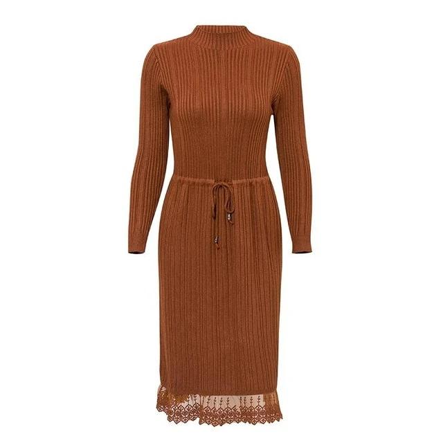Casual Solid Slim Fit Knitted Dress Streetwear Striped Drawstring Lace Sweater Dress-women-wanahavit-brown-One Size-wanahavit