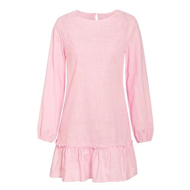 Lantern Ruffled Spring O-Neck Cotton Solid Beach Boho Mini Dress-women-wanahavit-Pink-S-wanahavit