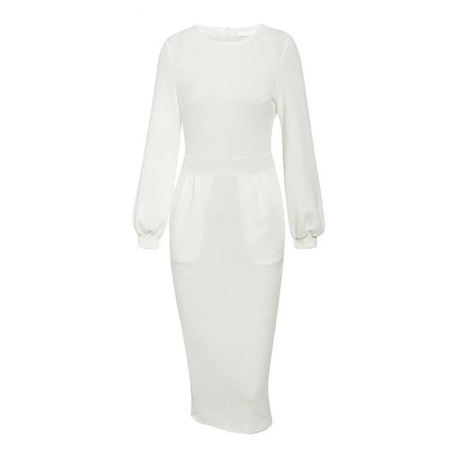 Lantern Plus Size Elegant O-neck Pockets Office Dress-women-wanahavit-White-S-wanahavit