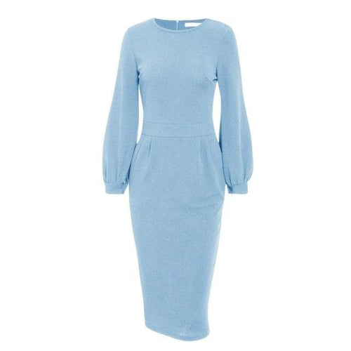 Load image into Gallery viewer, Lantern Plus Size Elegant O-neck Pockets Office Dress-women-wanahavit-Blue-S-wanahavit
