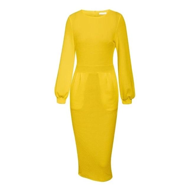 Lantern Plus Size Elegant O-neck Pockets Office Dress-women-wanahavit-Yellow-S-wanahavit