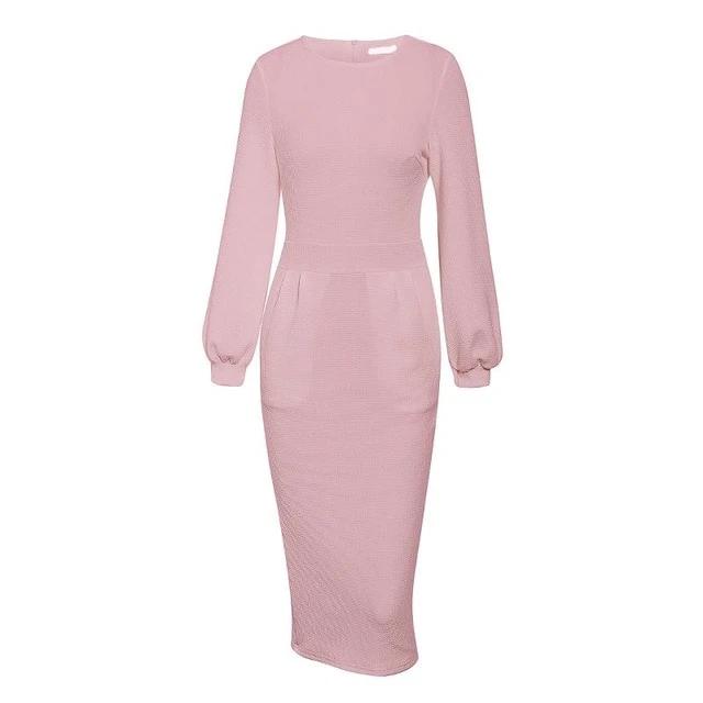 Lantern Plus Size Elegant O-neck Pockets Office Dress-women-wanahavit-Pink-S-wanahavit