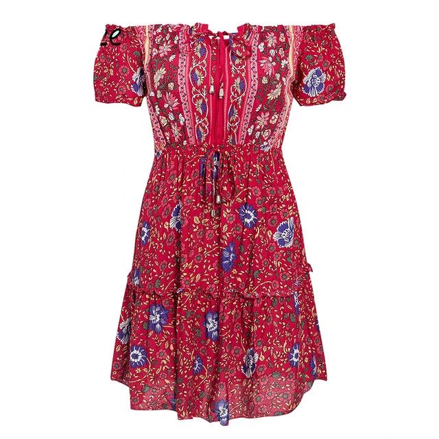 Off Shoulder Floral Print Casual Ruffled A-line Retro Boho Dress-women-wanahavit-Red-S-wanahavit