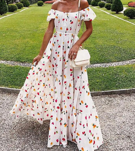 Off Shoulder Flower Print Elastic High Waist Ruffled Beach Long Dress-women-wanahavit-Flowerprint-S-wanahavit