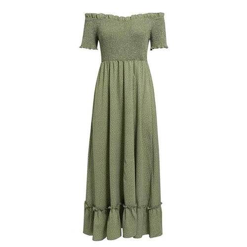 Load image into Gallery viewer, Off Shoulder Polka Dot Ruffle High Waist Pleated Long Dress-women-wanahavit-Green-M-wanahavit
