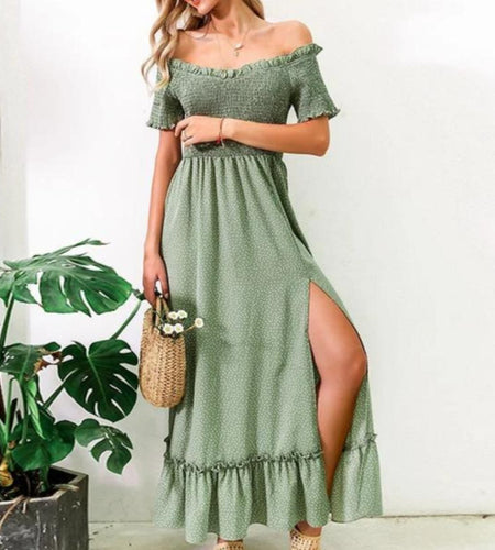 Off Shoulder Polka Dot Ruffle High Waist Pleated Long Dress-women-wanahavit-Green-M-wanahavit