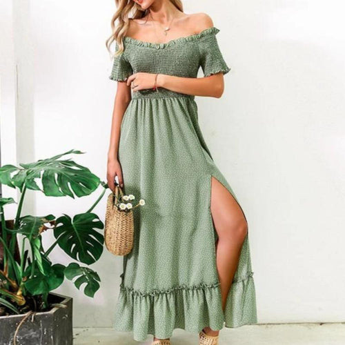 Load image into Gallery viewer, Off Shoulder Polka Dot Ruffle High Waist Pleated Long Dress-women-wanahavit-Green-M-wanahavit
