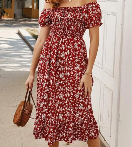 Off Shoulder Floral Print Ruffle High Waist Midi Boho Dress-women-wanahavit-Burgundy-S-wanahavit