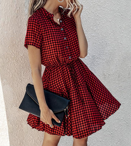 Plus Size Plaid High Waist A-line Loose Office Mini Dress-women-wanahavit-Red-S-wanahavit