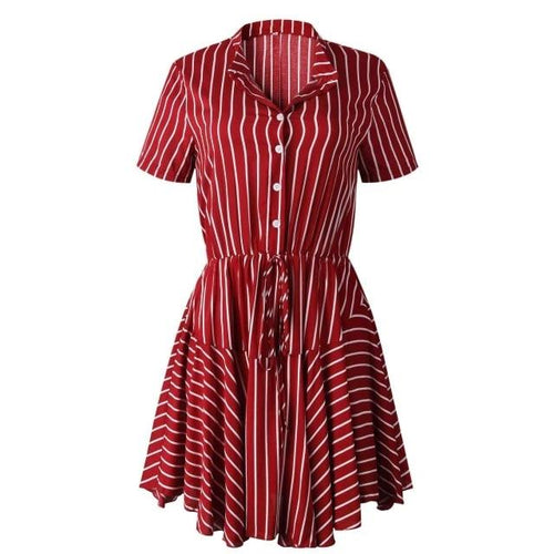 Load image into Gallery viewer, Plus Size Striped Casual Cotton Button High Waist A-Line Summer Dress-women-wanahavit-Burgundy-S-wanahavit
