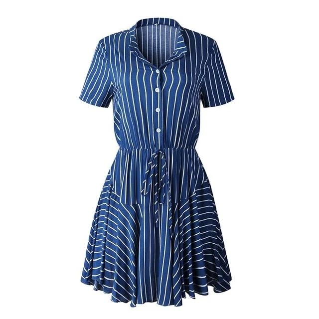 Plus Size Striped Casual Cotton Button High Waist A-Line Summer Dress-women-wanahavit-Blue-S-wanahavit