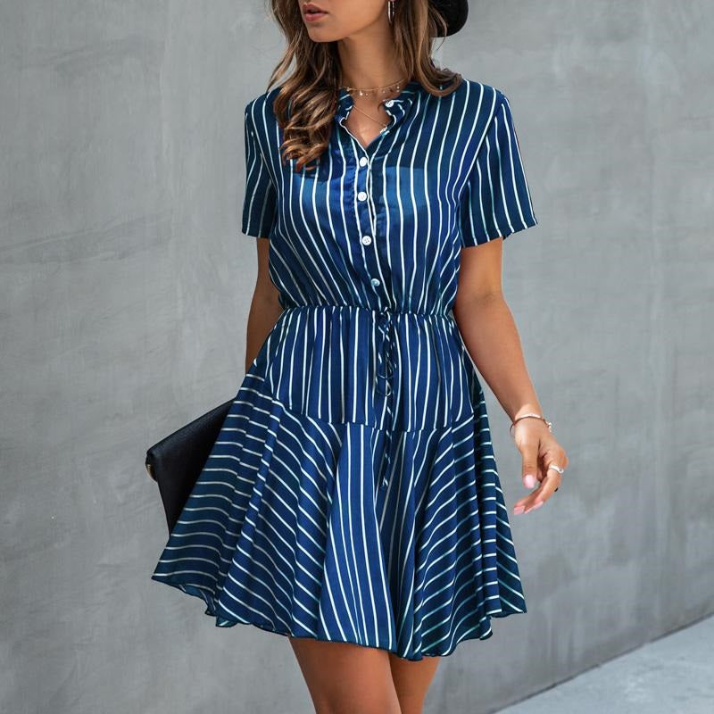 Plus Size Striped Casual Cotton Button High Waist A-Line Summer Dress-women-wanahavit-Burgundy-S-wanahavit