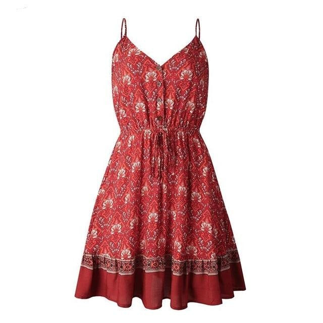 Plus Size V-neck Summer Floral Print Bohemian Short A-line High Waist Dress