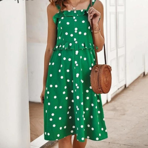 Load image into Gallery viewer, Polka Dot Ruffle Spaghetti Straps Buttons Midi High Waist Holiday Dress-women-wanahavit-Green-L-wanahavit
